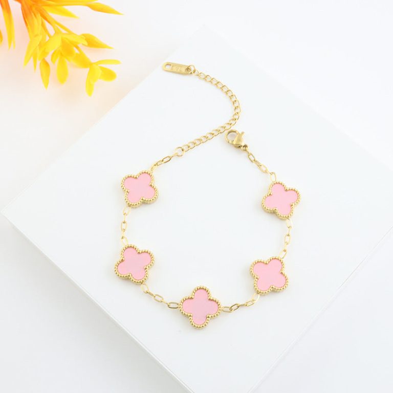 Pink 4 Leaf Clover Bracelet - Gold - Double Sided