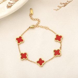 Red 4 Leaf Clover Bracelet - Gold