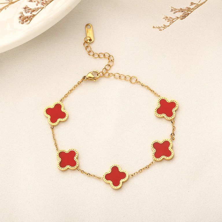 Red 4 Leaf Clover Bracelet - Gold