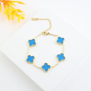 Blue 4 Leaf Clover Bracelet - Gold - Double Sided