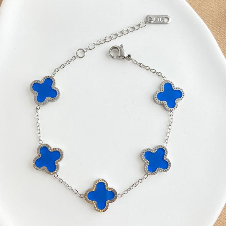 Blue 4 Leaf Clover Bracelet - Silver