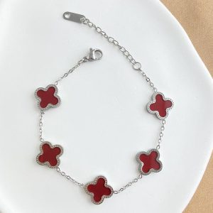 Red 4 Leaf Clover Bracelet - Silver
